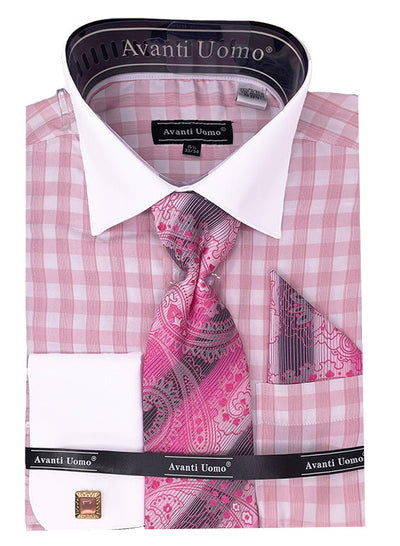 Men's Contrast Collar French Cuff Checkered Plaid Dress Shirt Set in Pink