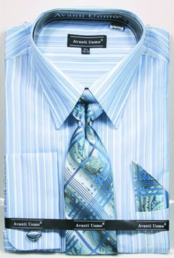 Men's Tonal Stripe French Cuff Dress Shirt, Tie & Hanky Set in Blue
