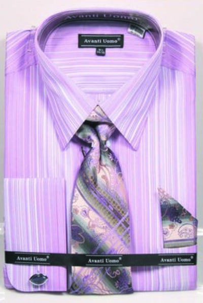 Men's Tonal Stripe French Cuff Dress Shirt, Tie & Hanky Set in Lavender