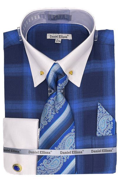 Men's Flannel Plaid Pattern Contrast Collar Dress Shirt & Tie Set in Blue