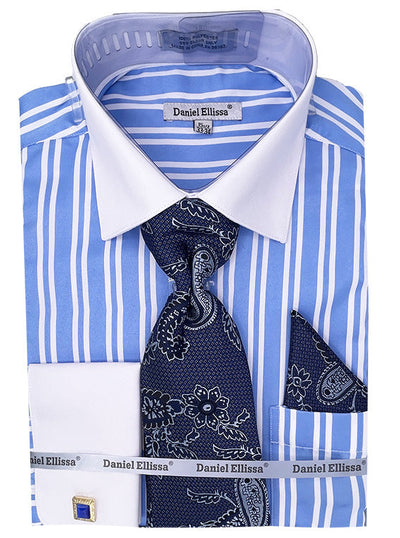 Men's White Collar & French Cuff Double Stripe Dress Shirt in Blue