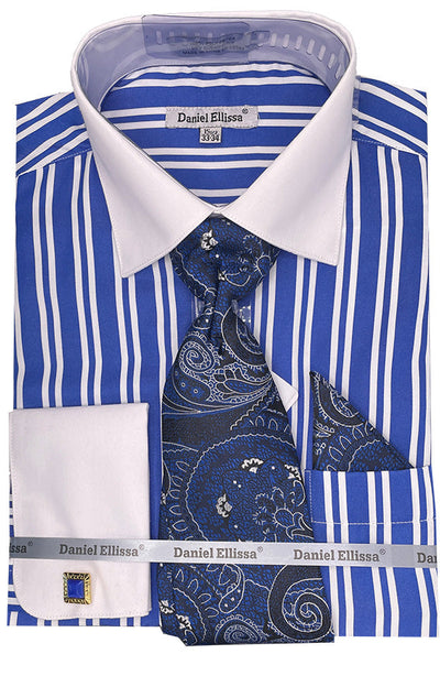 Men's White Collar & French Cuff Double Stripe Dress Shirt in Royal Blue
