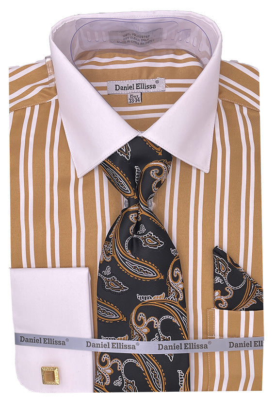 Men's White Collar & French Cuff Double Stripe Dress Shirt in Beige