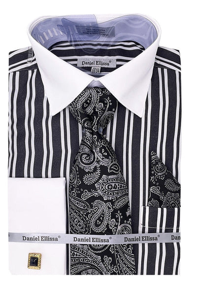 Men's White Collar & French Cuff Double Stripe Dress Shirt in Black