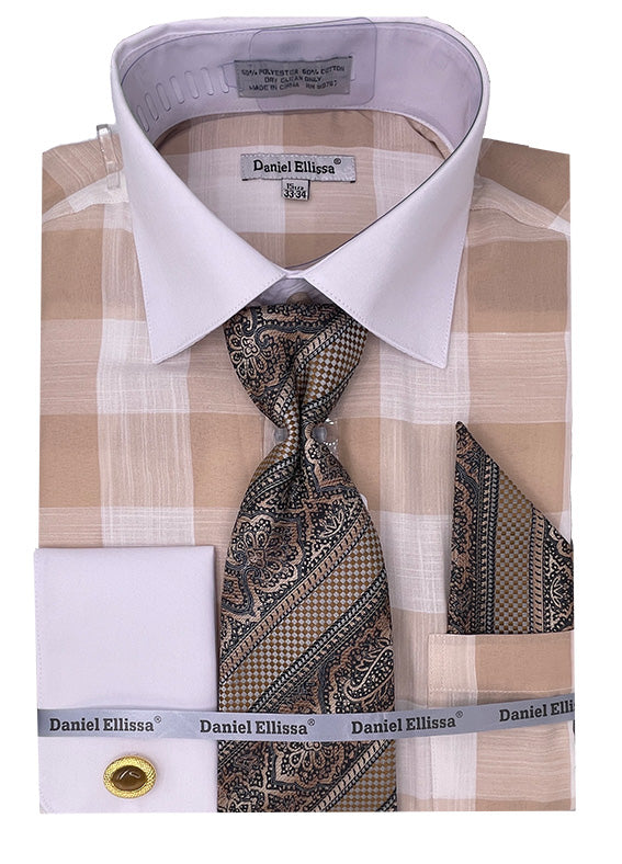 Men's Contrast Collar & French Cuff Picnic Plaid Dress Shirt Set in Beige