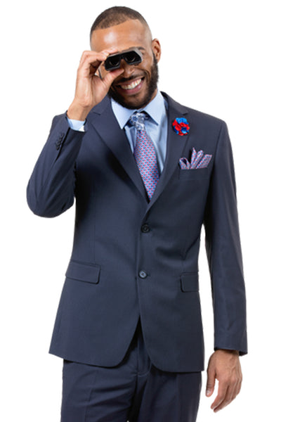 Mens Two Button Slim Fit Basic Business Suit in Navy Blue