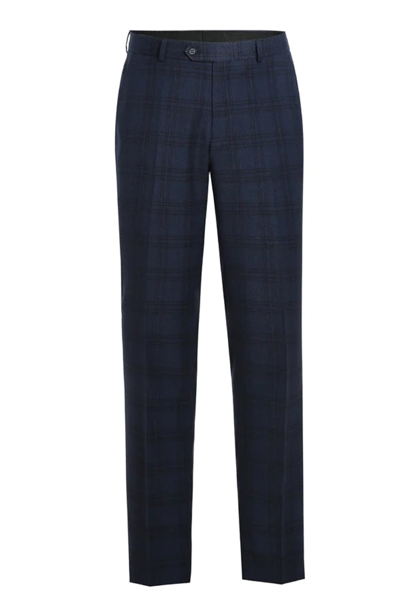 Mens Two Button Slim Fit Two Piece Hack Pocket Stretch Suit in Navy Blue Windowpane Plaid