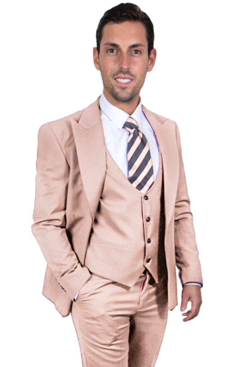 Men's Vested One Button Peak Lapel Stacy Adams Suit in Beige