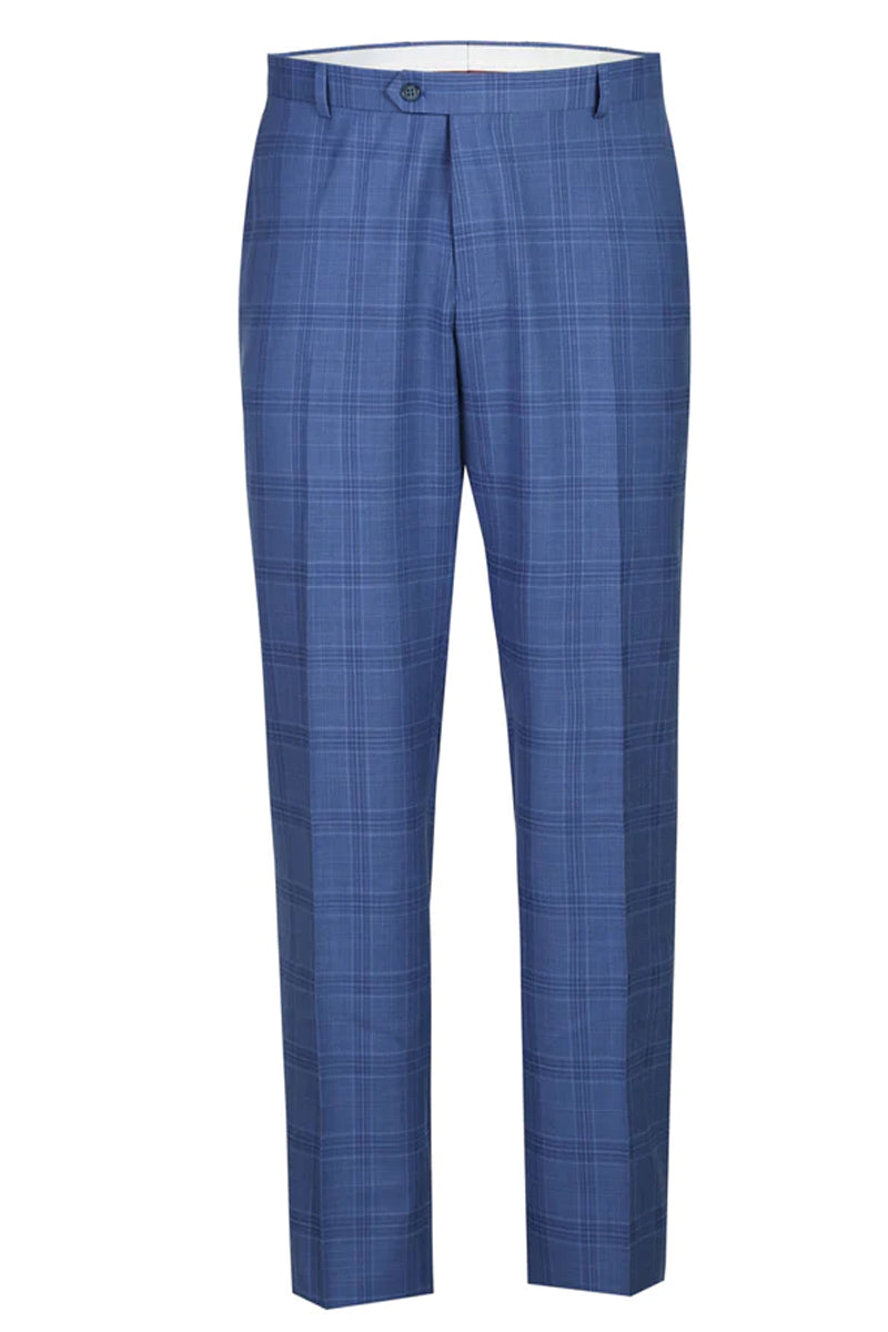 Mens Two Button Slim Fit Two Piece Suit in Light Blue Windowpane Plaid