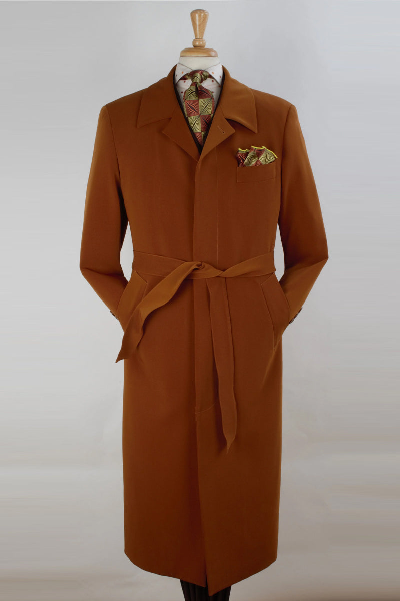 Mens Full Length Long Belted Wool Overcoat in Copper