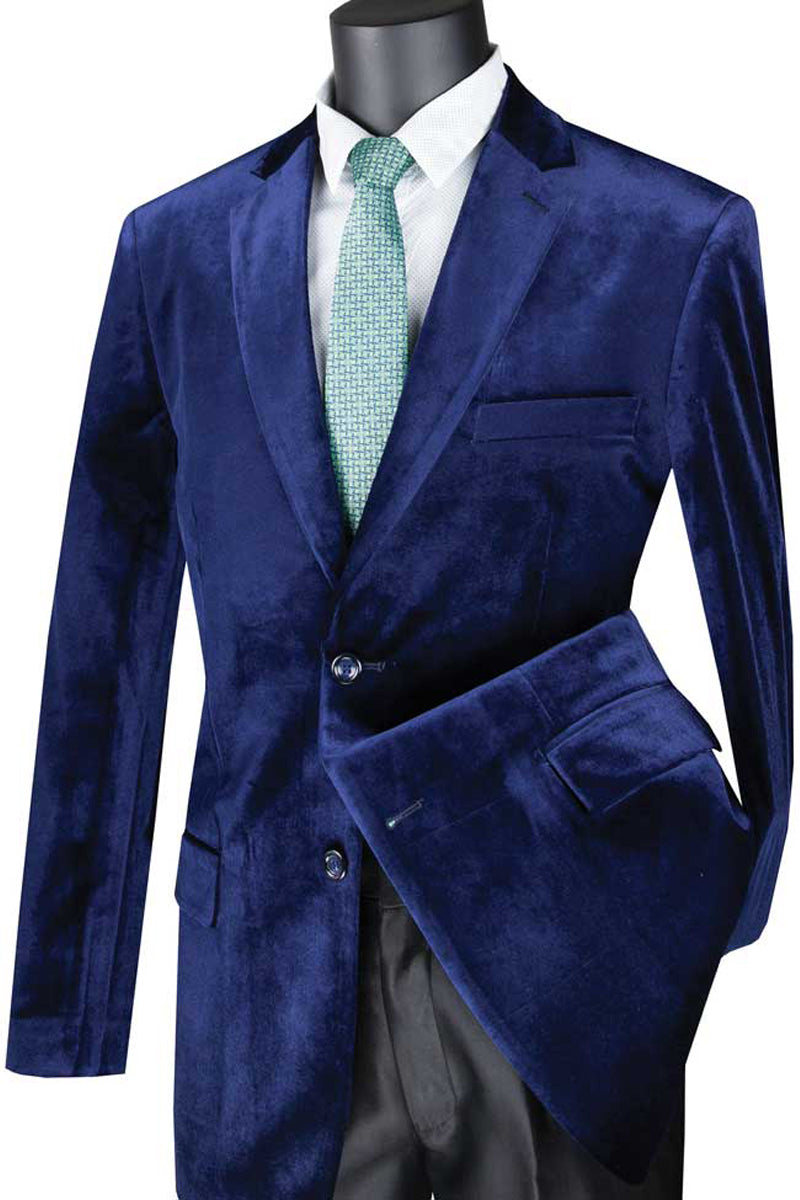 Mens 2 Button Regular Fit Velvet Blazer in Sapphire Blue