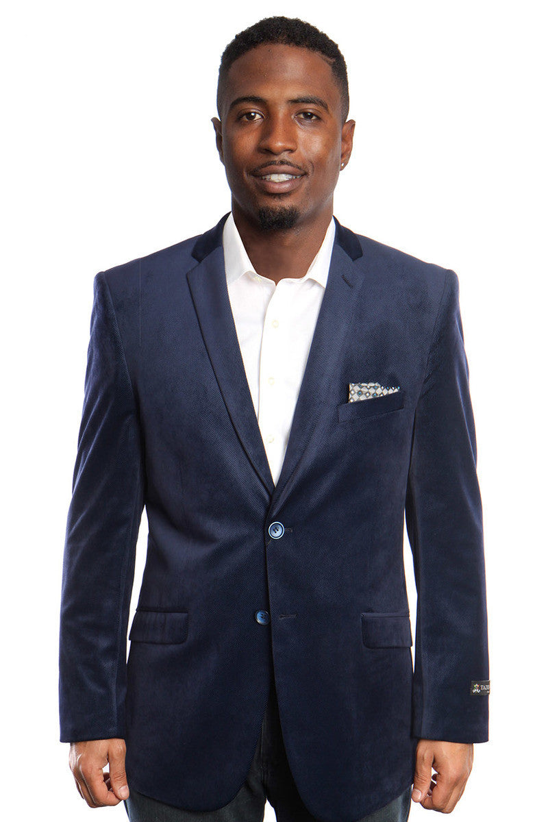 Men's Two Button Diagonal Weave Velvet Blazer in Navy Blue ...