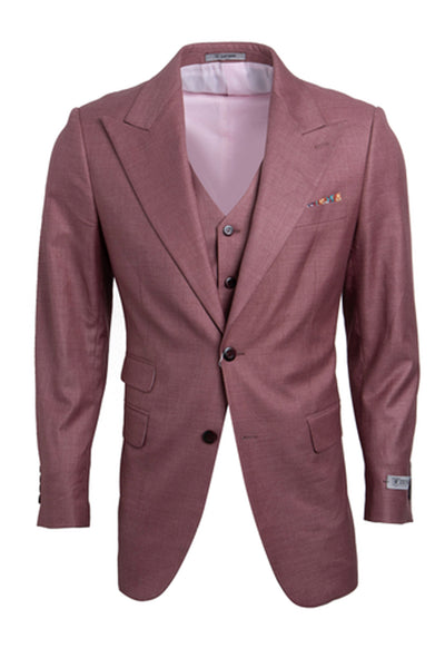 Men's One Button Peak Lapel Vested Stacy Adams Sharkskin Suit in Salmon Pink