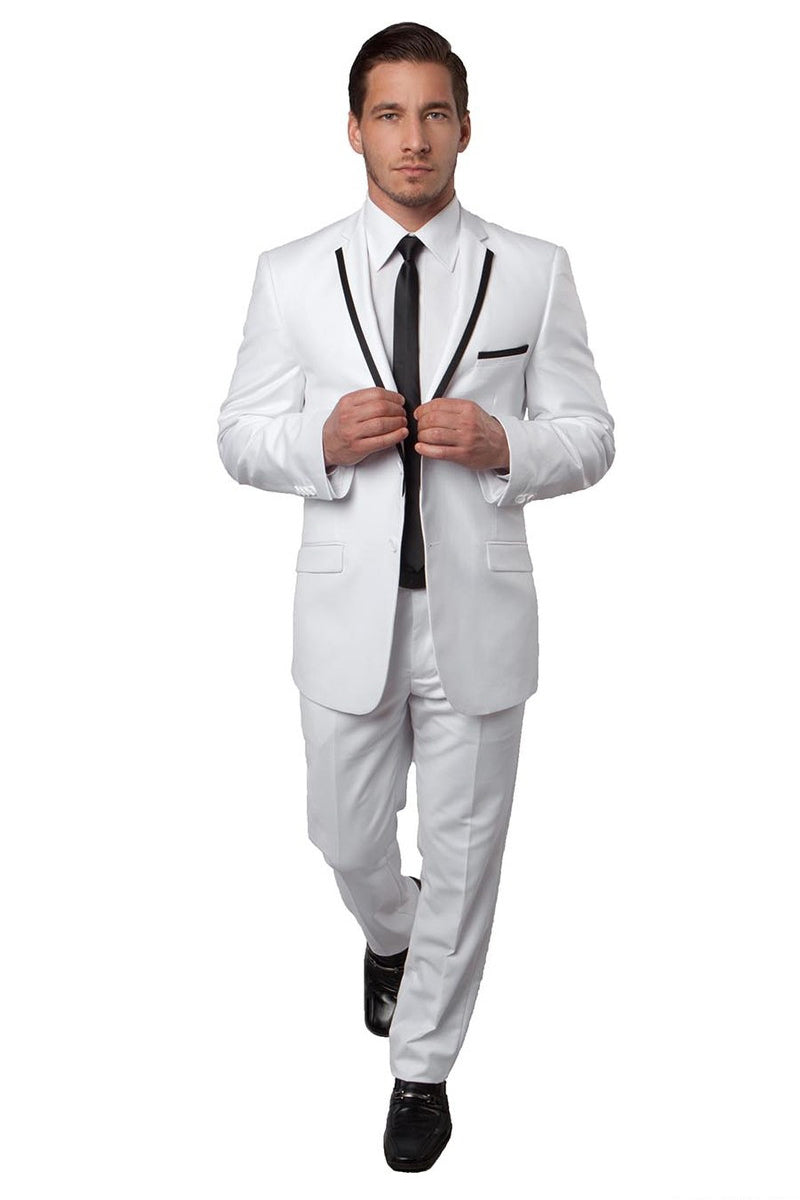 Men's Two Button Slim Fit Wedding & Prom Tuxedo Suit in White with Black Piping