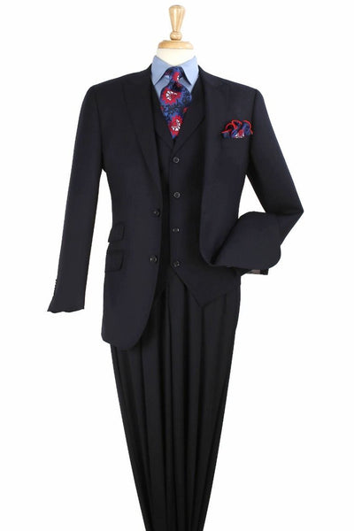 Mens Two Button Classic Wide Peak Lapel Double Breasted Slant Vest Wool Suit in Navy Blue