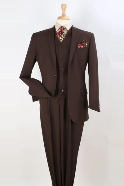 Mens Classic Fit Vested Two Button Pleated Pant Suit in Brown
