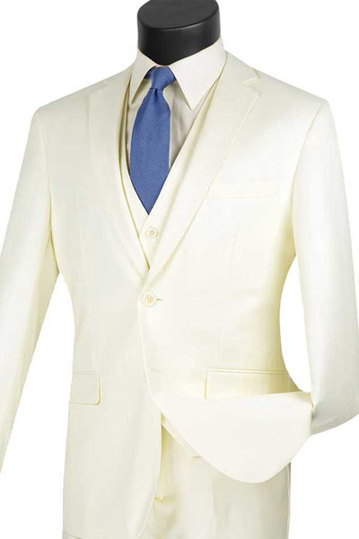 Mens Basic 2 Button Vested Slim Fit Suit in Ivory