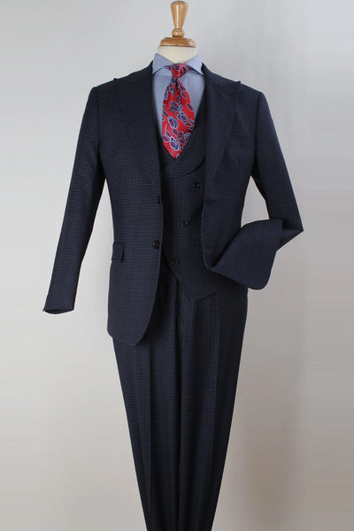Mens Two Button Classic Wide Peak Lapel Double Breasted Slant Vest Wool Suit in Blue Plaid