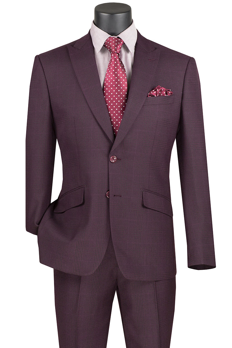 Mens 2 Button Modern Fit Peak Lapel Plaid Suit in Burgundy