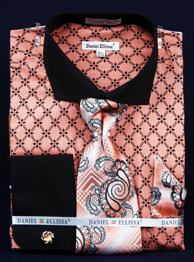 Men's Floral Print Dress Shirt & Tie Combo in Coral with A Black Spread Collar and French Cuff