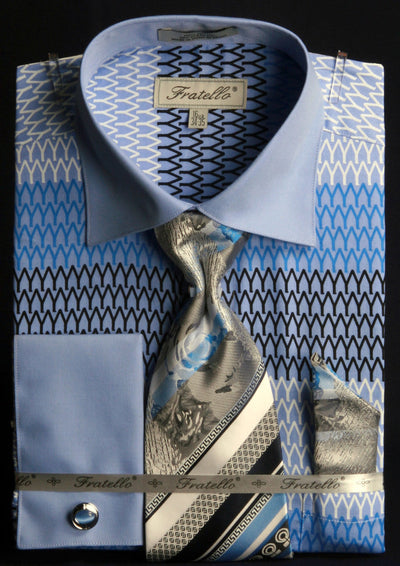 Men's Spread Collar Arch Pattern French Cuff Shirt & Tie Combo in Blue