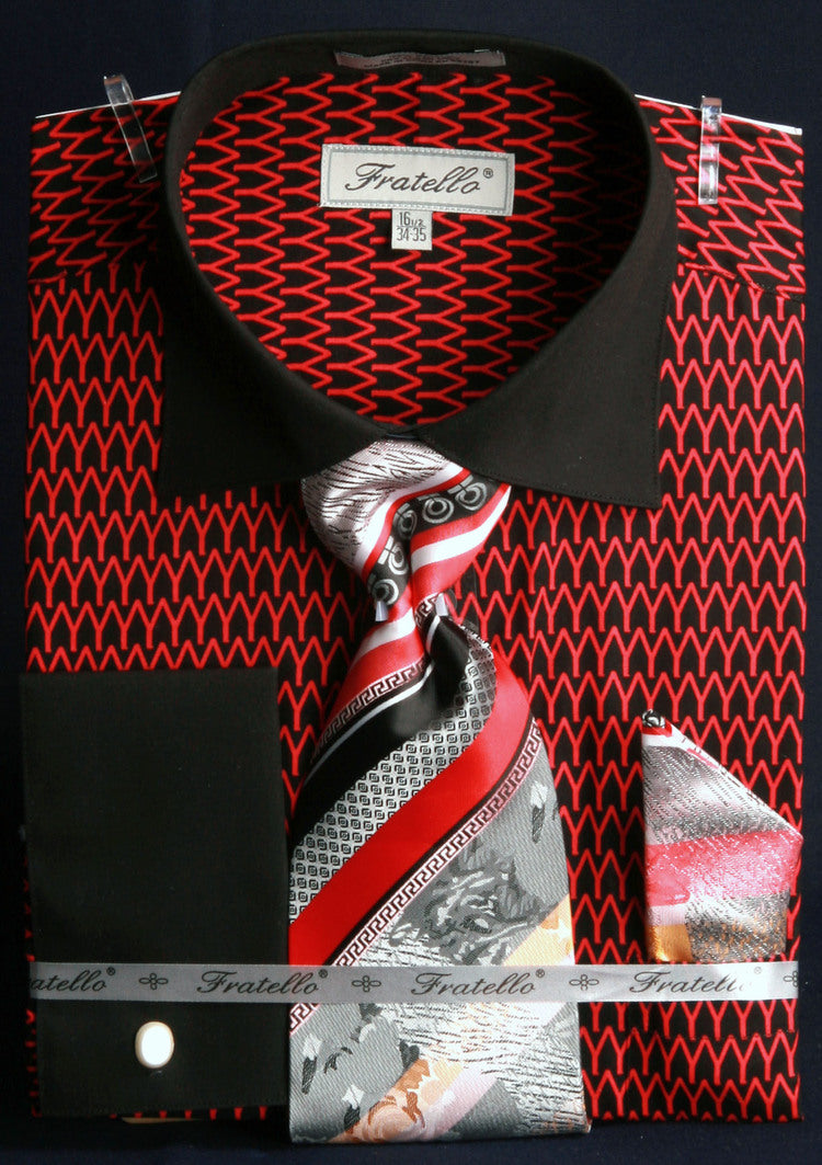 Men's Spread Collar Arch Pattern French Cuff Shirt & Tie Combo in Black & Red