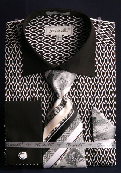 Men's Spread Collar Arch Pattern French Cuff Shirt & Tie Combo in Black & White