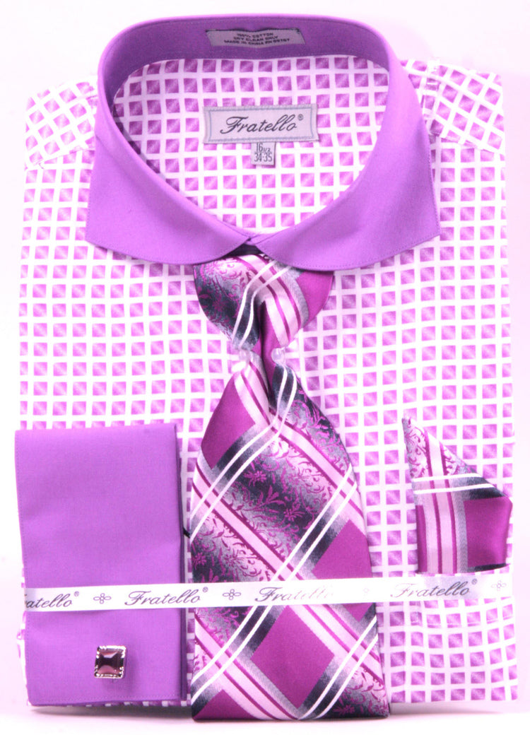 Men's Rounded Wide Spread Contast Collar French Cuff Shirt & Tie Set in Lilac Check 