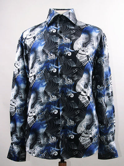 Men's Regular Fit Fancy Tonal Japanest Wave Pattern Sports Shirt in Black & Royal Blue