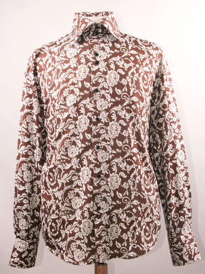 Men's Regular Fit Fancy Floral Pattern Sports Shirt in Brown & White