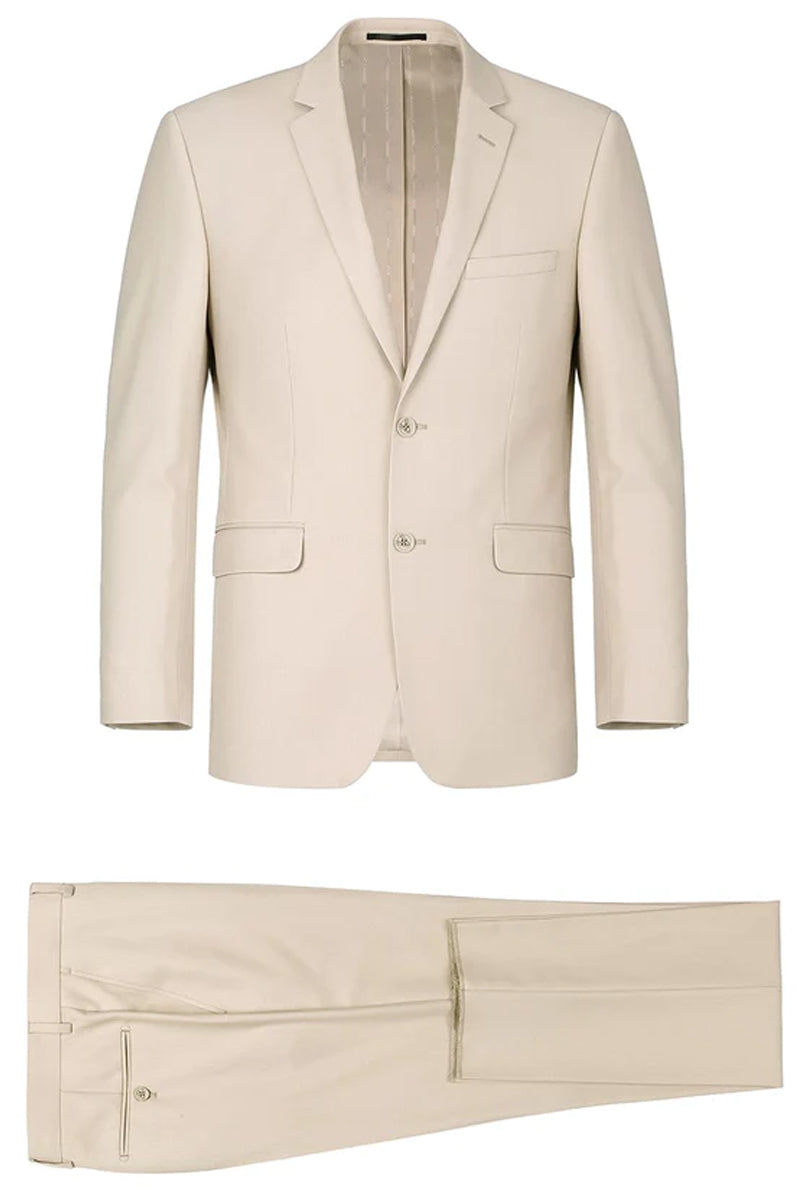 Mens Basic Two Button Slim Fit Suit with Optional Vest in Light Tan Beige