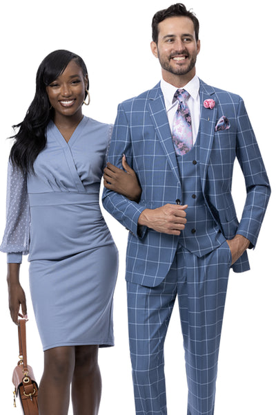 Mens One Button Fashion Vested Suit in Teal Blue Windowpane Plaid.