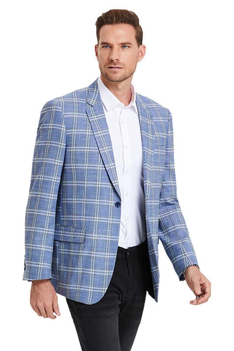 Men's Two Button Business Casual Double Windowpane Sport Coat in Blue