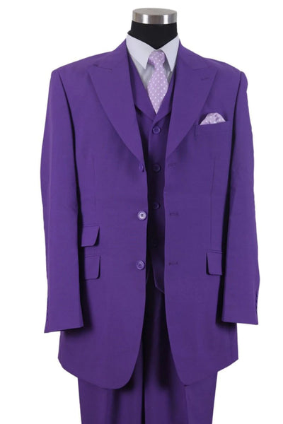 Mens 3 Button Vested Wide Peak Lapel Fashion Suit in Purple