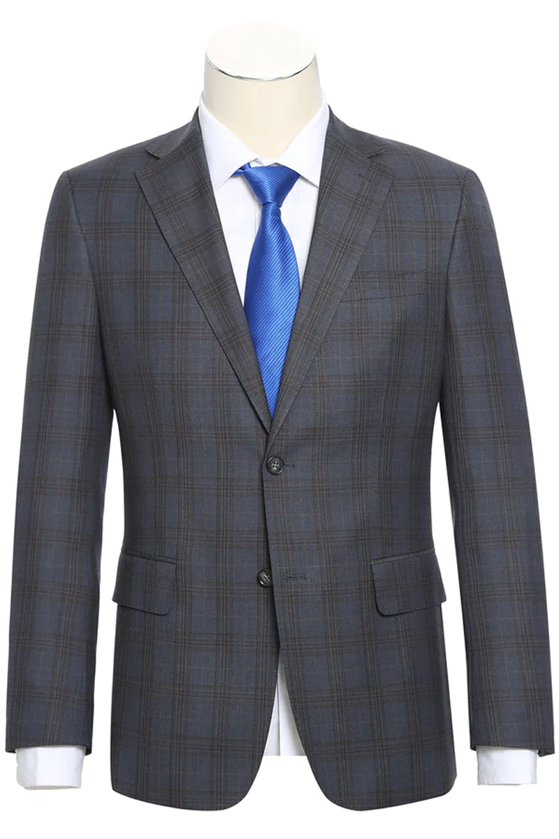 Mens Designer Two Button Slim Fit Notch Lapel Suit in Grey & Tan Windo ...