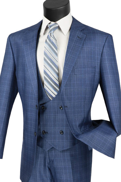 Mens 2 Button Vested Peak Lapel Plaid Windowpane Suit in Blue
