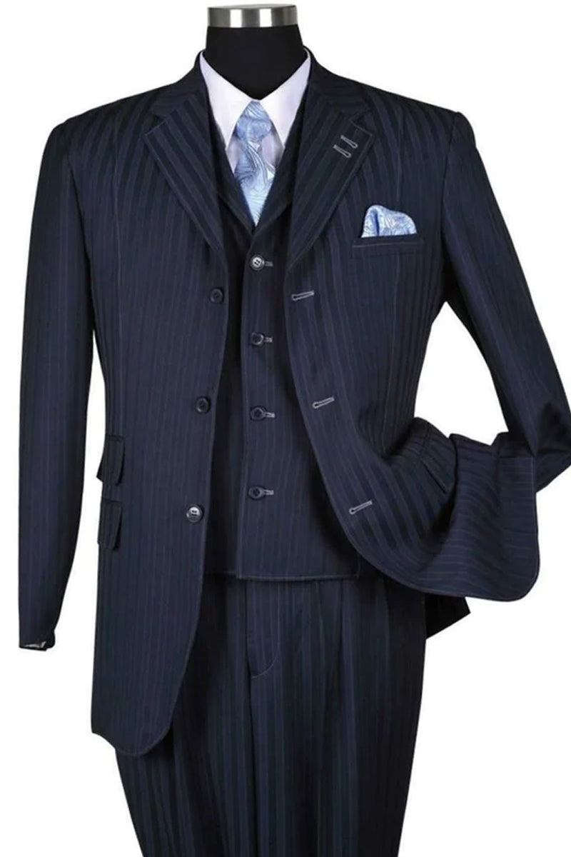Mens 3 Button Vested Tonal Pinstripe Fashion Suit in Navy Blue ...