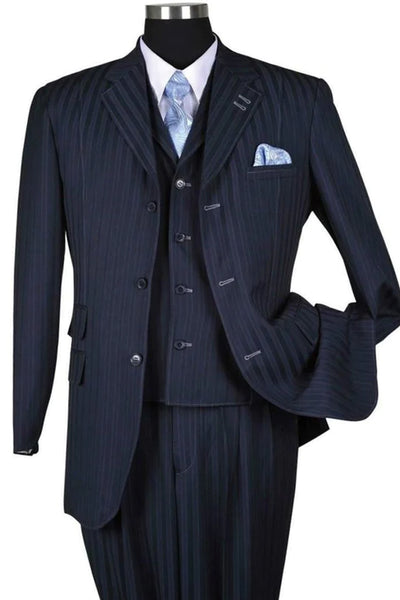 Mens 3 Button Vested Tonal Pinstripe Fashion Suit in Navy Blue