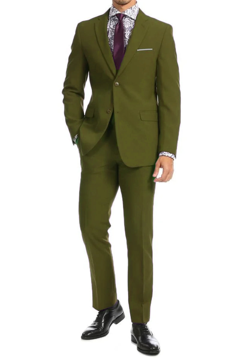 Mens Modern Fit Two Button Poplin Suit in Olive Green