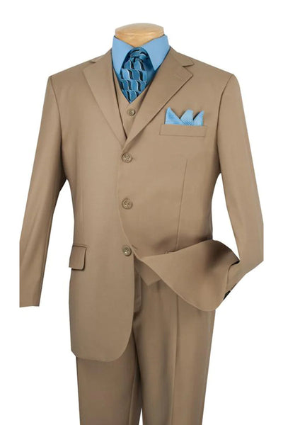 Mens 3 Button Classic Fit Vested Basic Suit in Tan