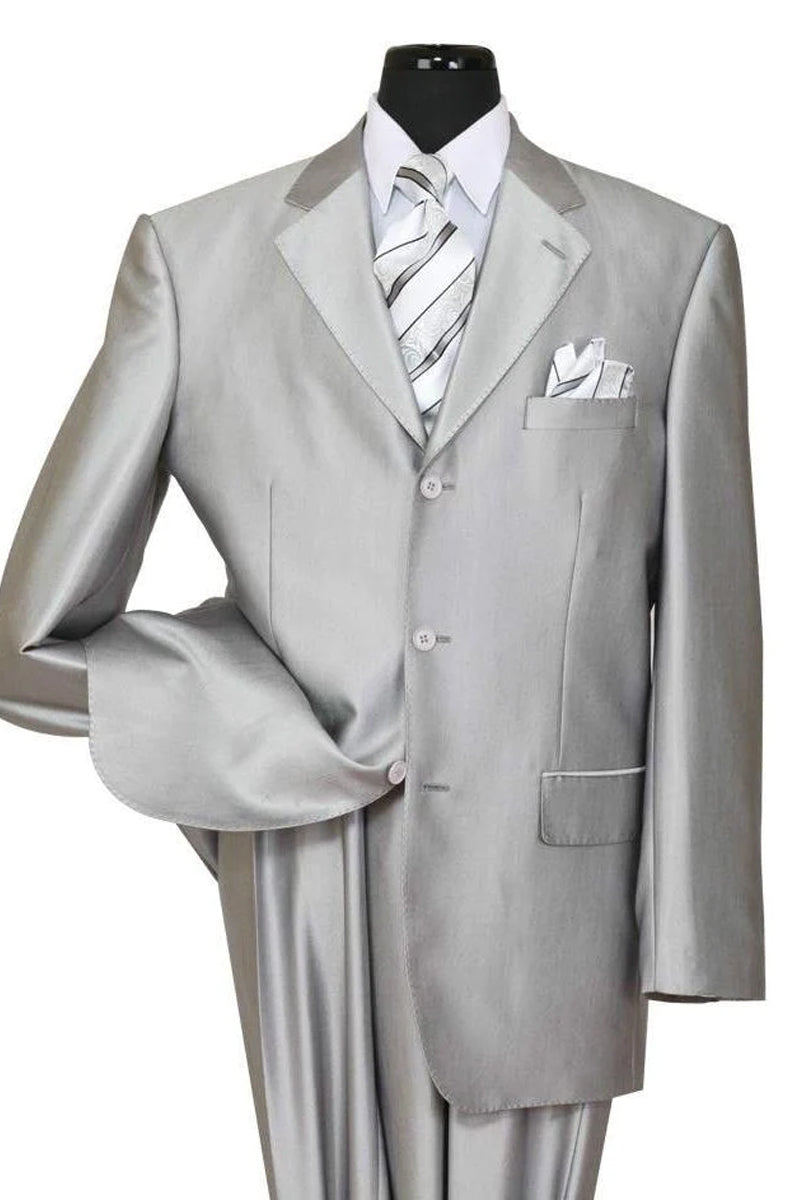 Mens Classic Fit 3 Button Shiny Sharkskin Suit in Silver Grey