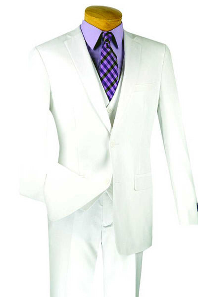 Mens Basic 2 Button Vested Slim Fit Suit in White