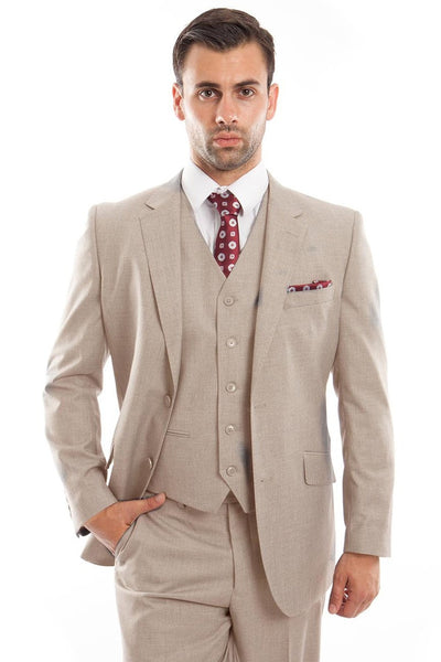 Men's Designer Two Button Modern Fit Vested Wool Suit in Tan