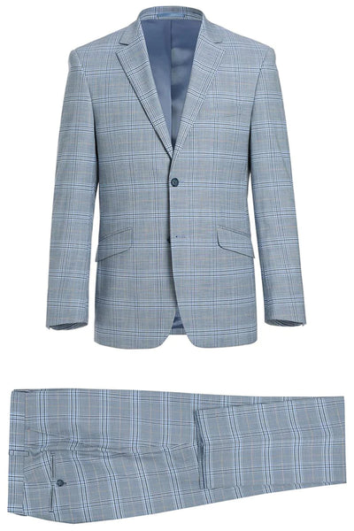 Mens Two Button Slim Fit Two Piece Suit in Sky Blue Windowpane Plaid
