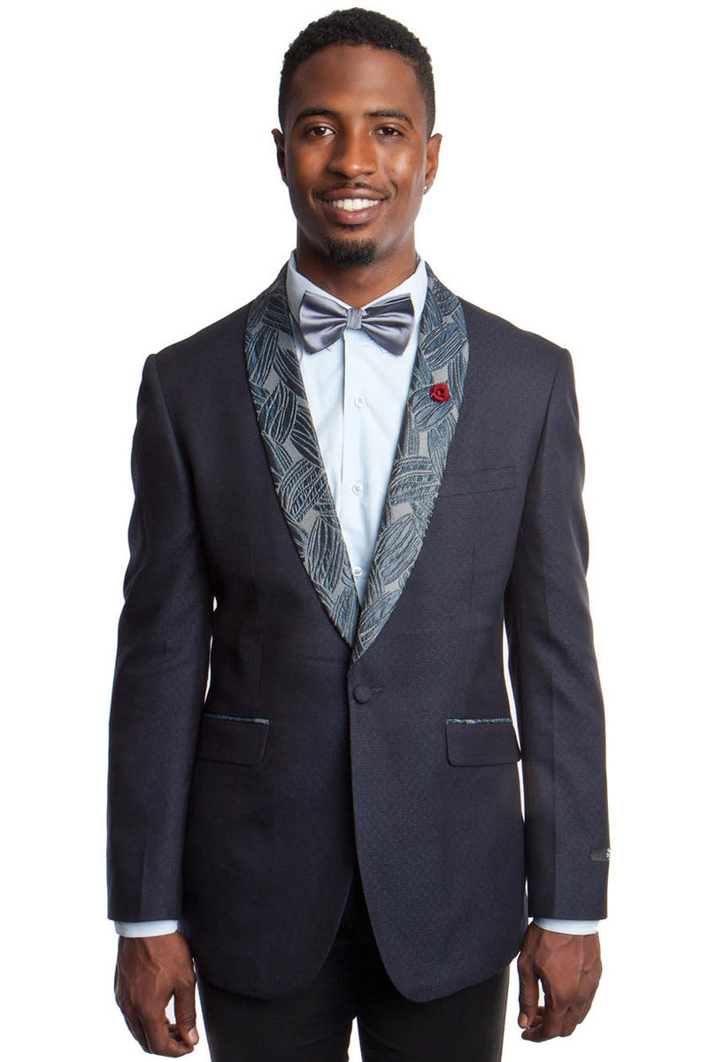 Men's One Button Slim Fit Dinner Jacket in Blue with Monochromatic Leaf Pattern Lapel