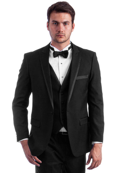 Men's One Button Peak Wedding Tuxedo with Satin Trim in Black