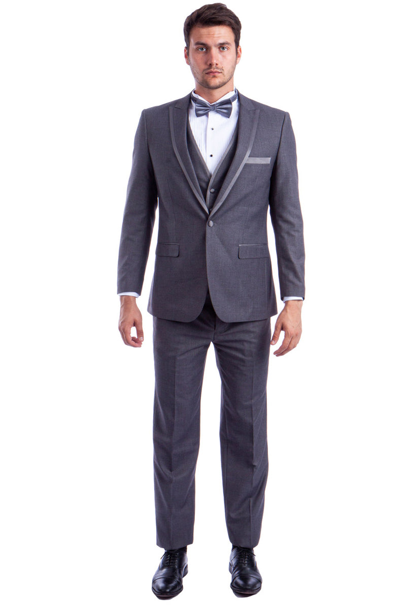 Men's One Button Peak Wedding Tuxedo with Satin Trim in Grey