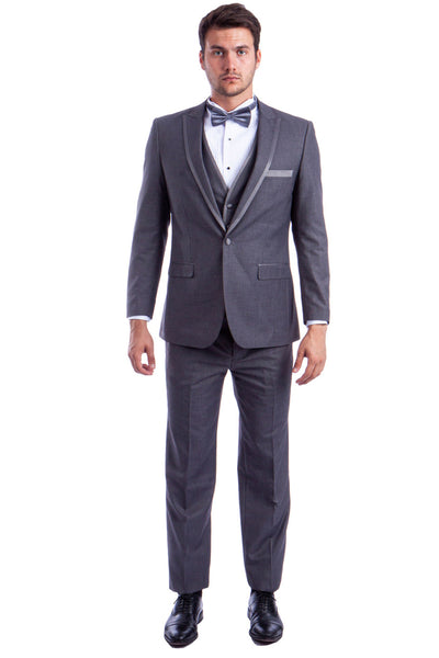 Men's One Button Peak Wedding Tuxedo with Satin Trim in Grey