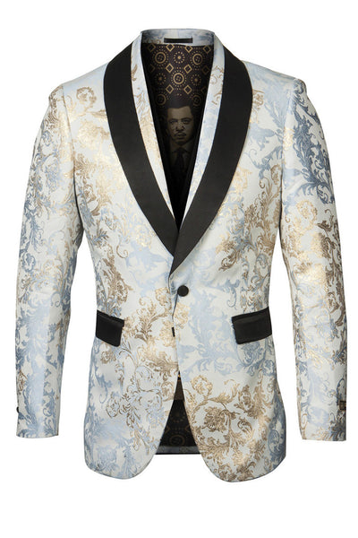 Men's Shawl Collar Wedding Tuxedo Blazer in White with Gold Foil Paisley