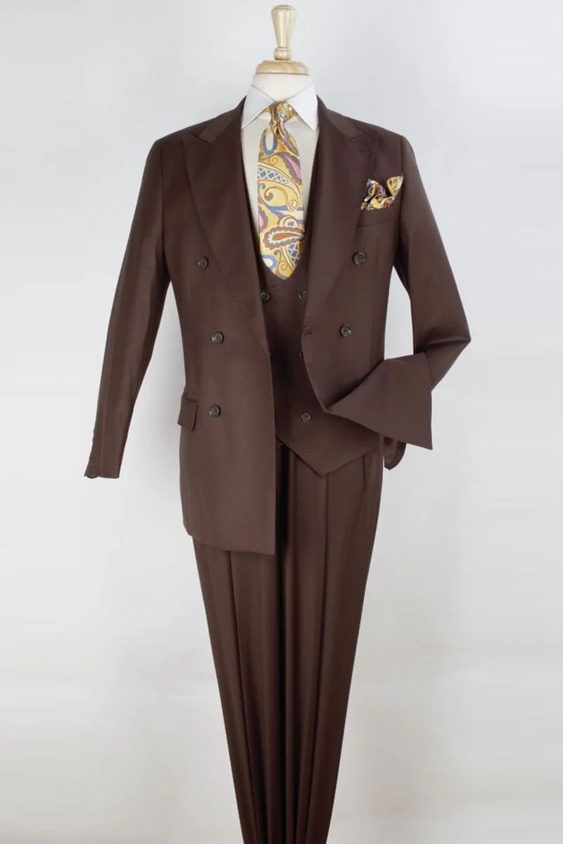Mens Classic Fit 100% Super 150's Wool Double Breasted Suit in Brown